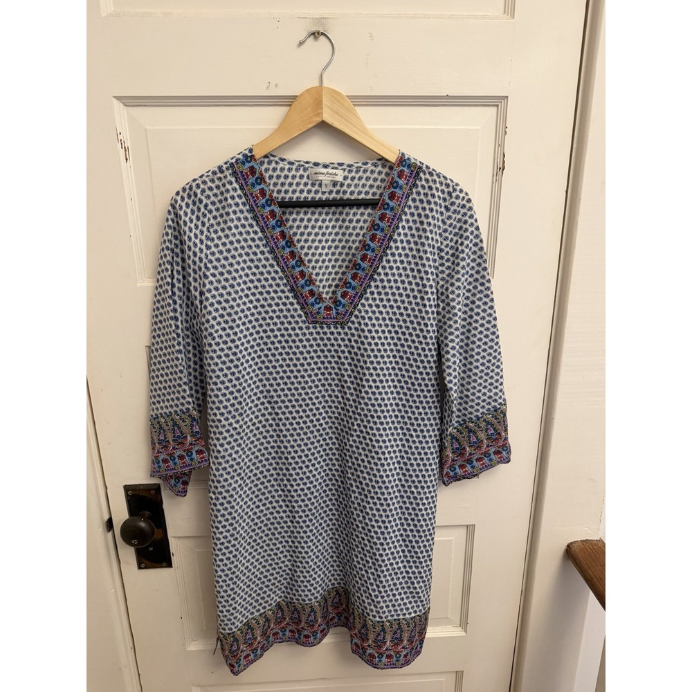 Crème Fraiche Women's White Patterned Silk Blend Tunic 3/4 Sleeves Boho Size S